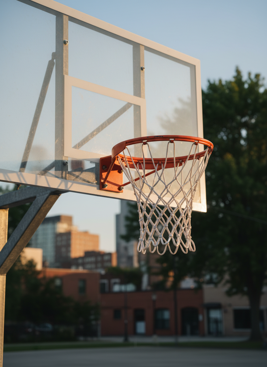 A close-up, photographic image of a finely detailed basketball hoop on an outdoor court, featuring a sturdy, transparent backboard with visible bolts, a slightly scuffed orange rim, and a thick white nylon net hanging in perfect loops. The scene is set during golden hour, with warm sunlight grazing the metal and creating subtle highlights and soft shadows on the textured backboard. Behind it, an urban skyline and leafy trees are softly out of focus, suggesting community without showing any people. Shot from a slightly low angle, the composition places the rim along the rule of thirds, evoking a refined yet gritty street basketball aesthetic that feels authentic and aspirational.