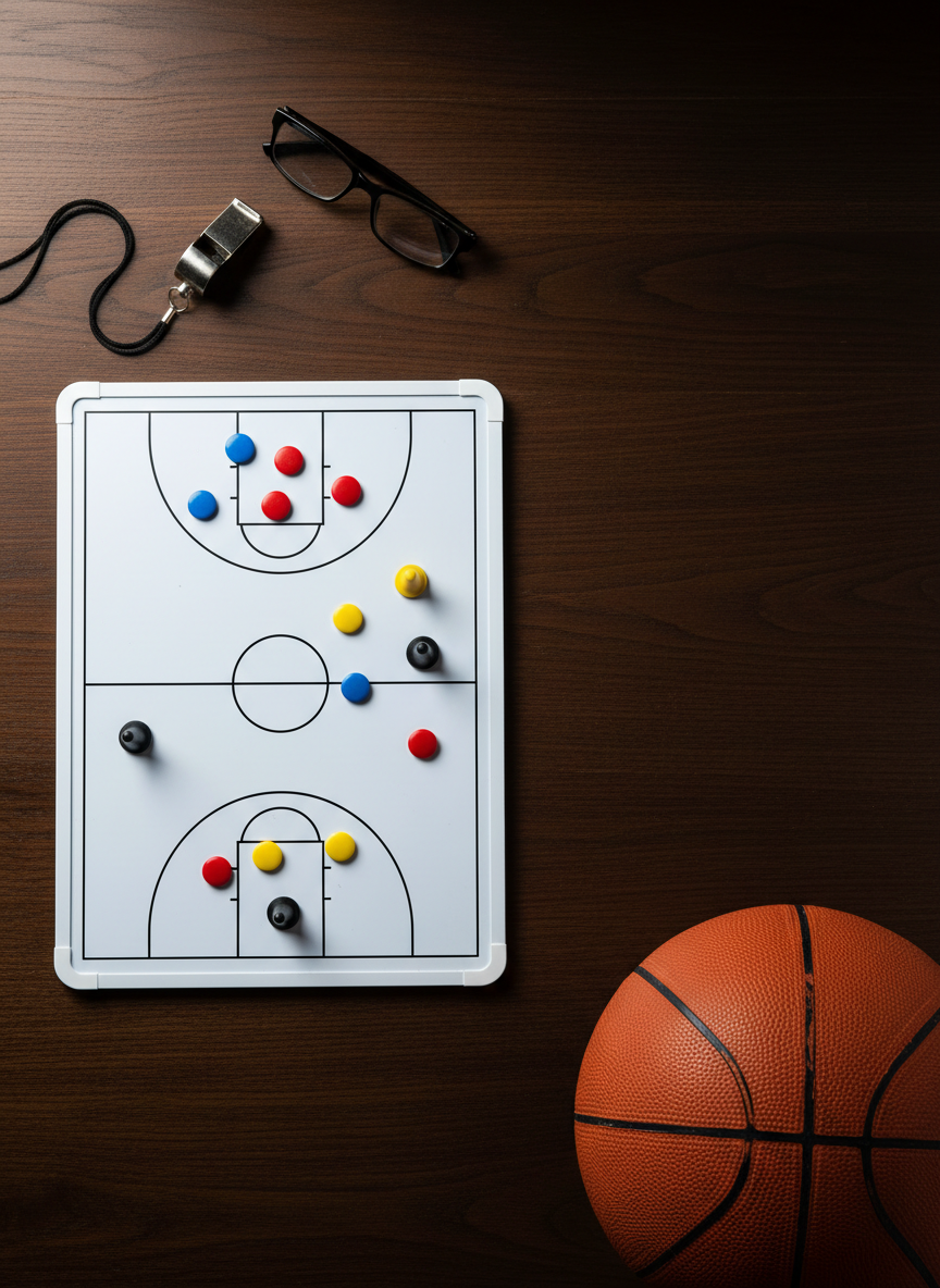 An overhead, photographic shot of a meticulously arranged half-court basketball strategy scene, with a dark wooden tabletop serving as the background. On the surface lies a crisp, white magnetic tactics board showing a clean half-court diagram with simple markings but no text or logos, surrounded by neatly placed magnets, a whistle, and a well-used leather basketball partially entering the frame. Soft, diffused studio lighting creates minimal glare and gentle shadows, emphasizing the textures of the ball and board. The image is composed with asymmetrical balance, leaving negative space for visual breathing room, and evokes a sophisticated, analytical mood that reflects thoughtful discussion of plays and game strategy without any human presence.