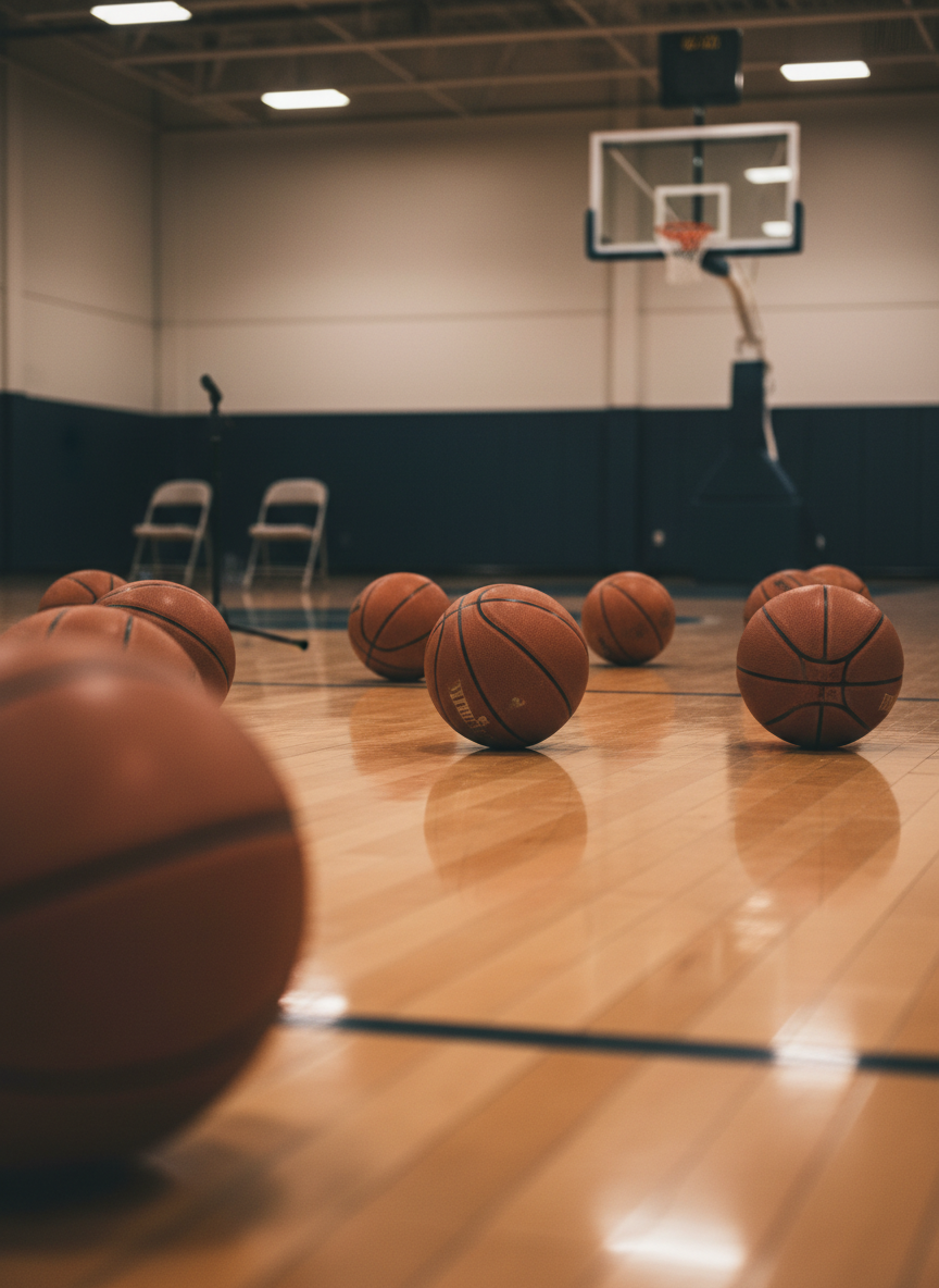 A cinematic, photographic image of an indoor basketball court captured from the perspective of just beyond the three-point line. Several basketballs are scattered organically across the gleaming wooden floor, each with distinct pebble-grain texture and subtle scuff marks, suggesting intense but respectful play. The far end of the court, including a pristine hoop and backboard, is framed in the background with slight blur, while overhead lights cast even, professional-grade illumination that reflects elegantly off the floor. The composition follows the rule of thirds, creating depth from foreground balls to distant hoop, and the mood is contemplative and focused, as if moments before a serious training session or recording a podcast courtside.